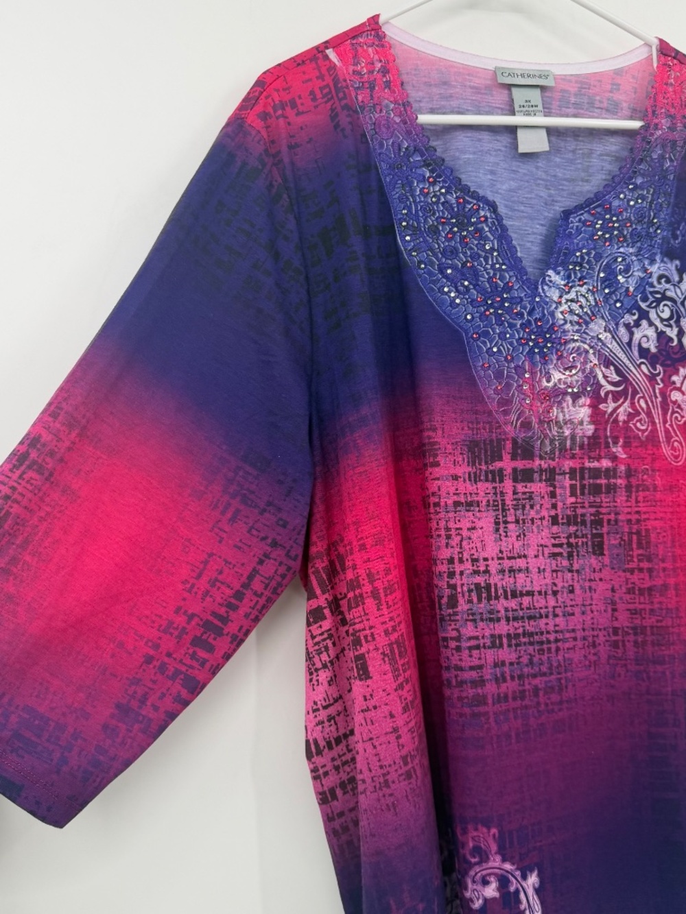 Catherines Top Women 3X Pink Purple Rhinestones V Neck 3/4 Sleeves Embroidered - Picture 2 of 10